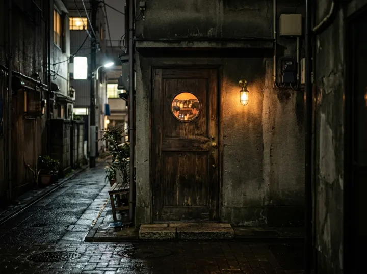 路地の奥にある木の扉。丸い小窓から店の灯りが見える
