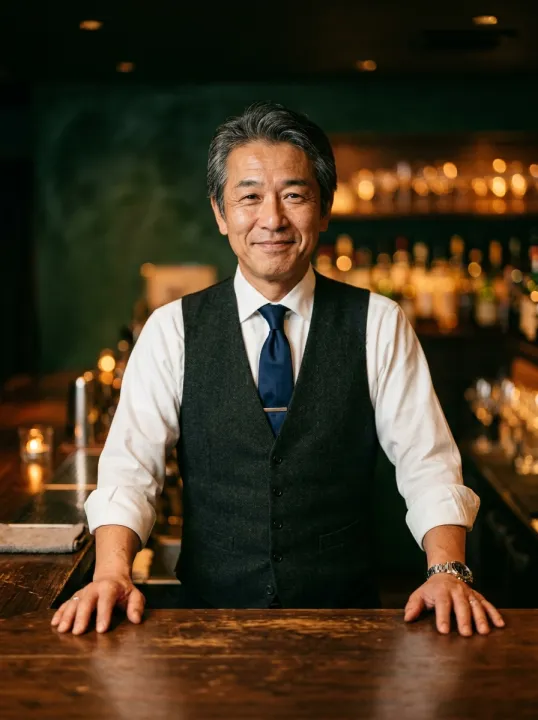 ベストにネクタイ姿で、カウンターに手をついてほほえむ店主