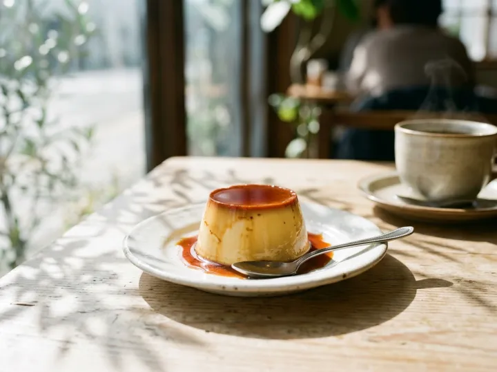 窓ぎわのテーブルに置かれた、カラメルのかかったかためのプリン