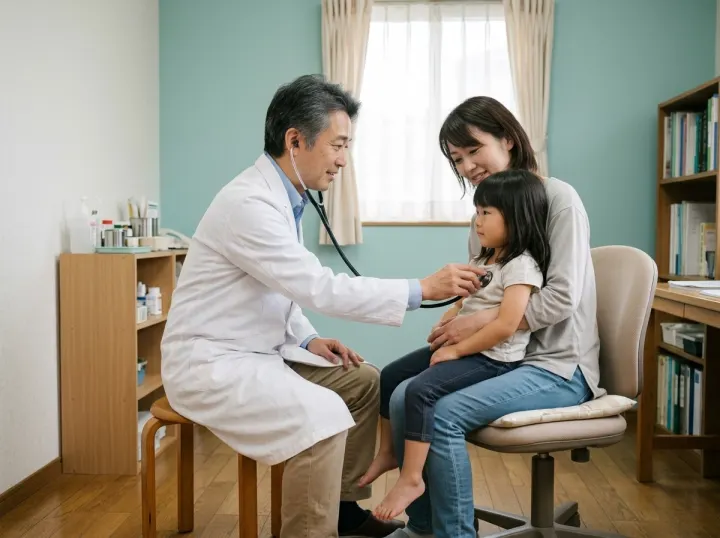 母親のひざに座った女の子の胸に、院長が聴診器をあてている