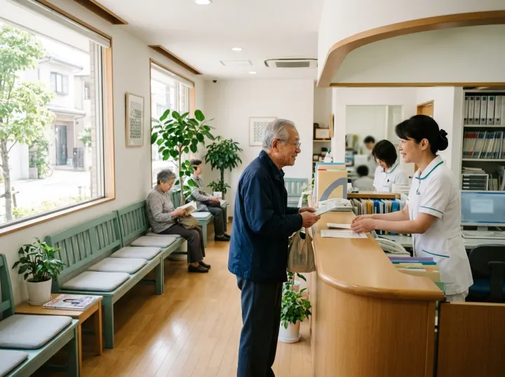窓から朝の光が入る待合室と受付。受付の職員が年配の男性を迎えている