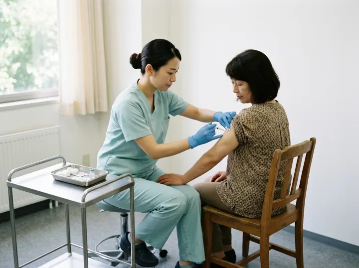 処置室で、看護師が椅子に座った女性の腕に予防接種をしている