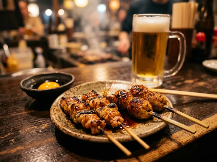 ねぎまとつくねの串焼き、卵黄のたれ、生ビール
