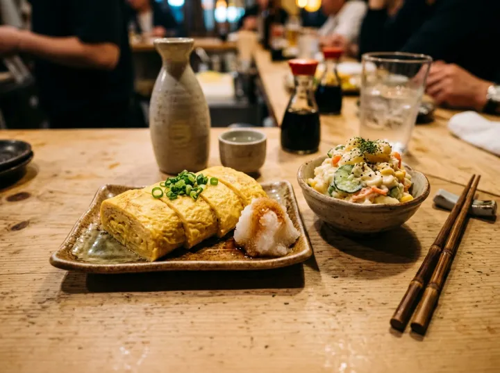 大根おろしを添えただし巻きと、自家製ポテトサラダ