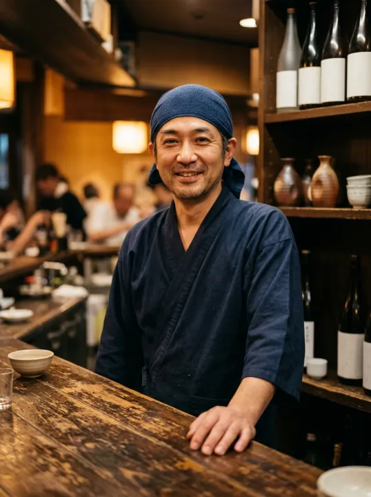 藍の作務衣と手ぬぐいで、カウンターの内側に立つ大将