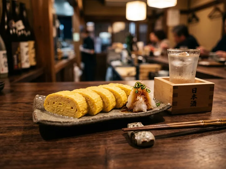 大根おろしを添えただし巻き玉子と冷酒