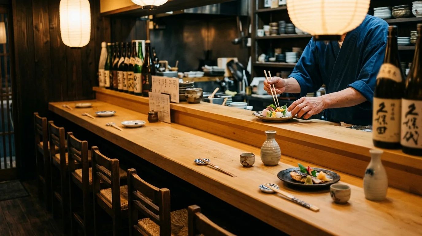 白木のカウンターが続く小料理屋の店内