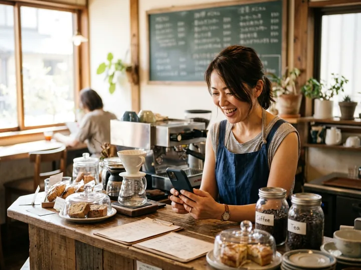 カフェのカウンターでスマートフォンを見て微笑む店主
