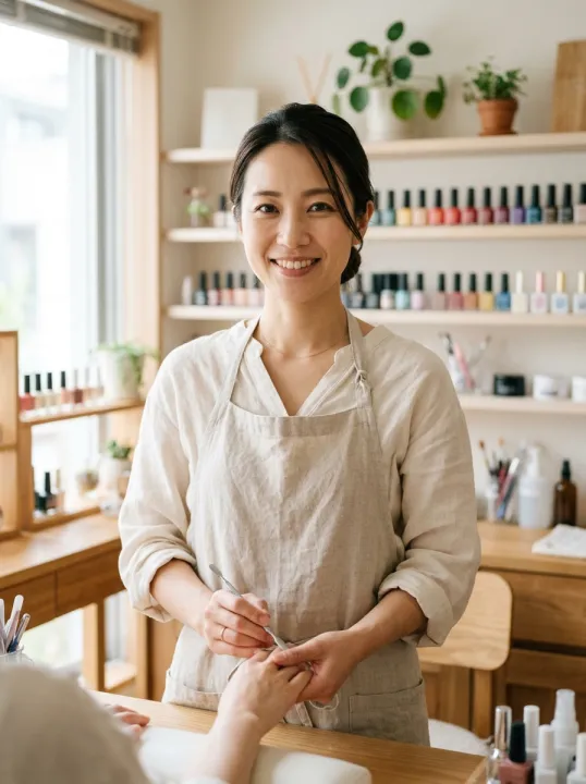 ベージュのエプロン姿でほほえむネイリスト