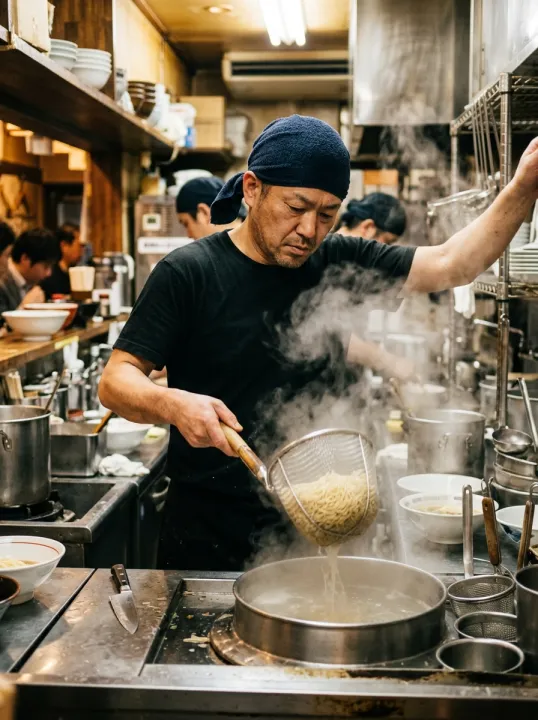 湯気の立つ寸胴の前で、てぼを振って麺の湯を切る店主