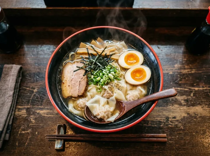 味玉とワンタン、チャーシューがのった特製中華そばを真上から