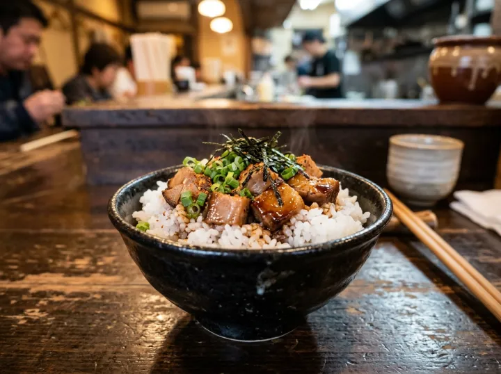 角切りのチャーシューとねぎをのせた小さなチャーシュー丼