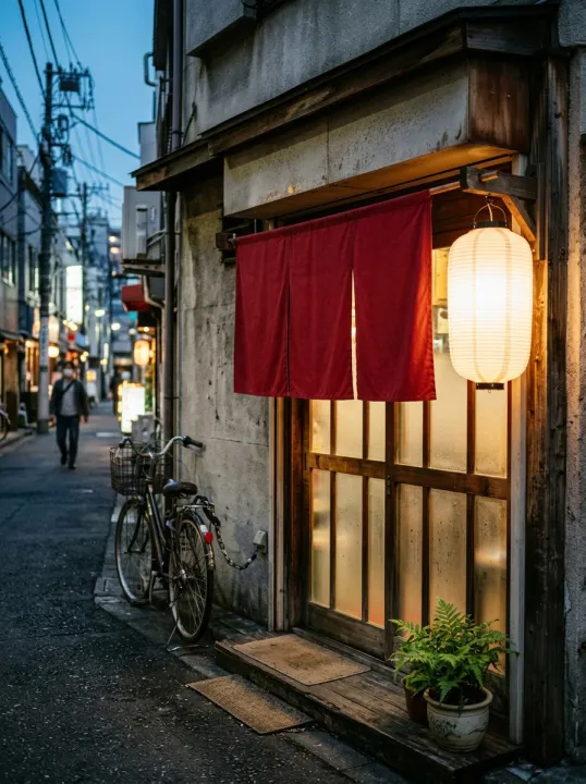 夕暮れの路地に面した店の入口。赤い暖簾と白い提灯が灯っている