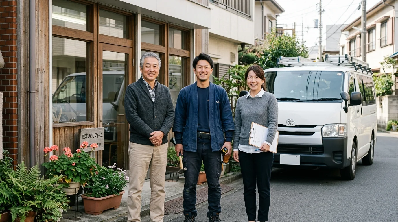 店の前に並ぶ杉本住建のスタッフ3人と作業車