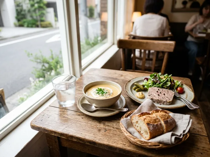 窓際の木のテーブルに並ぶパテ、ポタージュ、バゲットのランチ