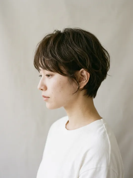 耳にかけた、やわらかい質感のショートヘアの横顔