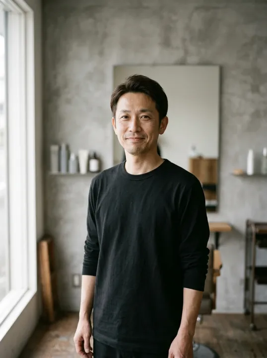 黒いシャツで店内に立つ代表の真渡