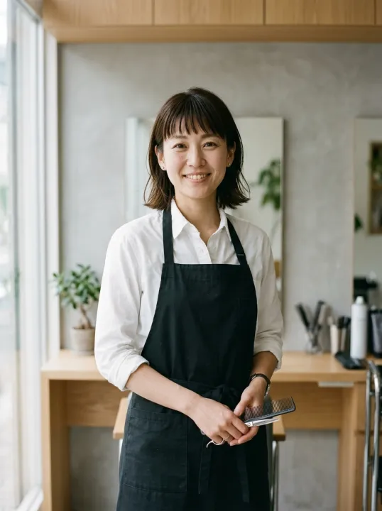 白いシャツに黒いエプロンのスタイリスト小川