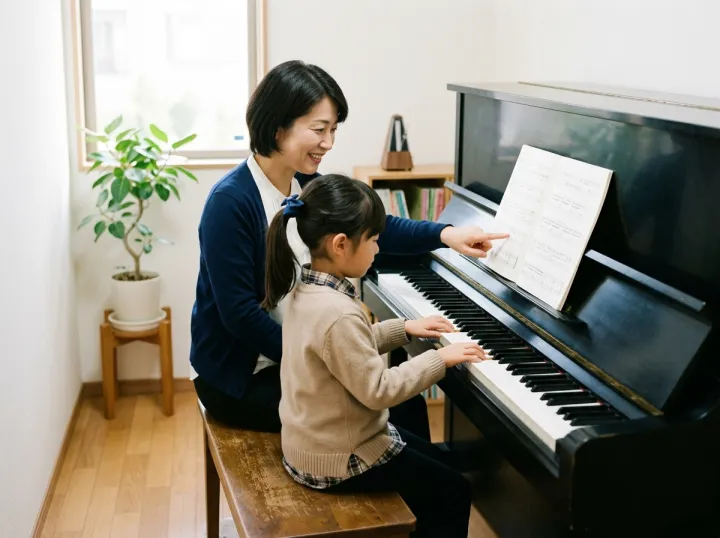 アップライトピアノの前で、講師が楽譜を指さしながら小学生の女の子のレッスンをしている