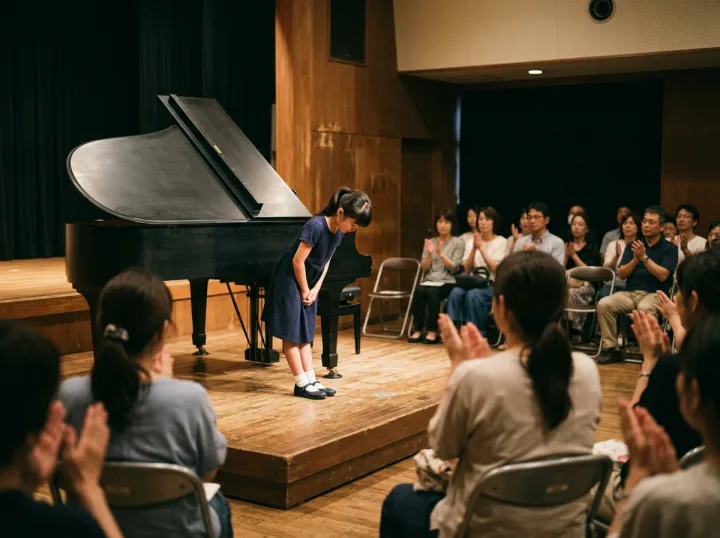 小ホールの舞台で、グランドピアノの横に立っておじぎをする女の子と、拍手をする家族