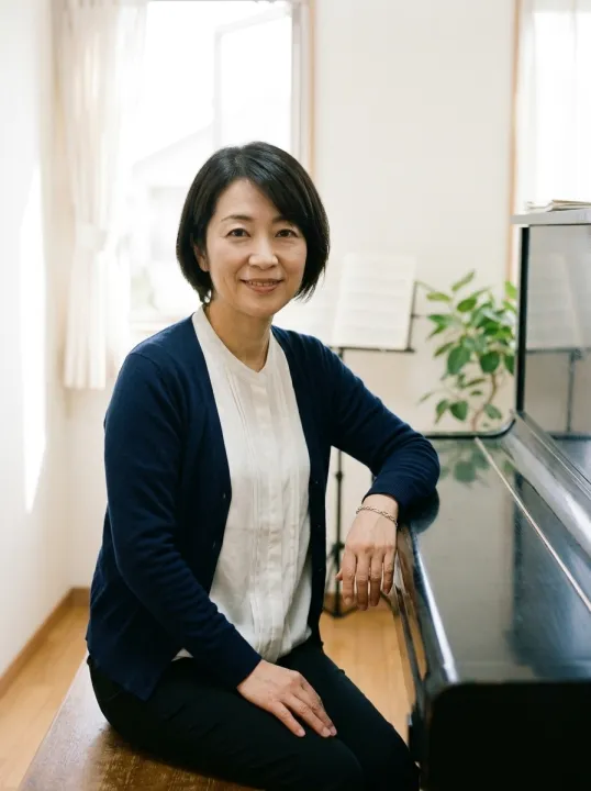 紺のカーディガン姿で、アップライトピアノに腕をあずけてほほえむ講師