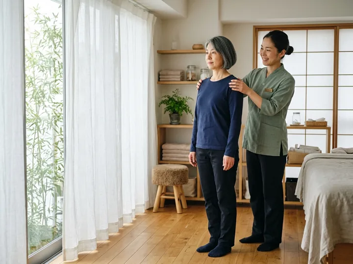 立った姿勢で肩の高さを確かめる施術者と女性