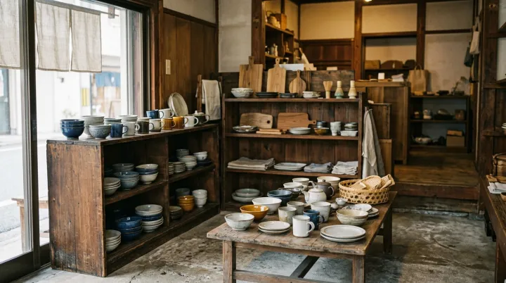 窓から光が入る店内。古い木の棚と低い台に、藍や白や飴色の器が並んでいる