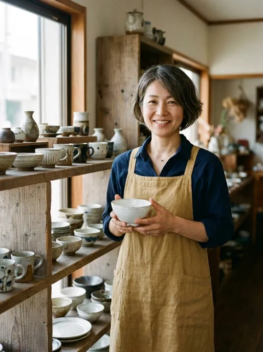 からし色の麻のエプロンで、白い飯碗を両手に持ってほほえむ店主
