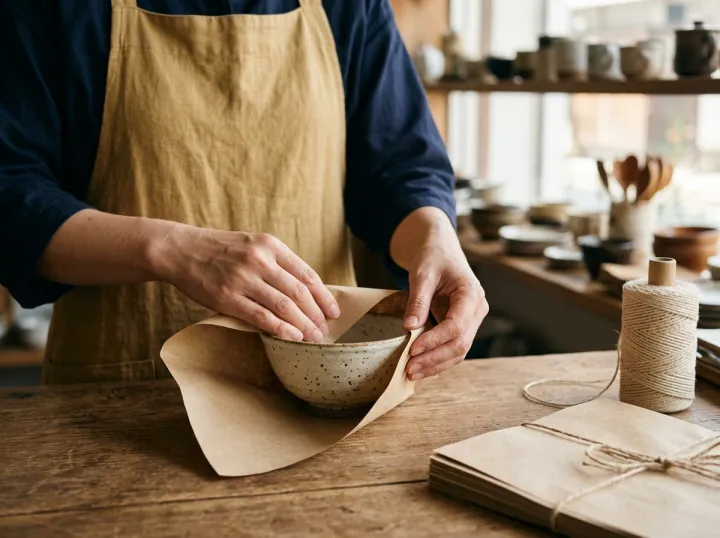 木のカウンターで、そばかす模様の飯碗を茶色の紙で包む店主の手元