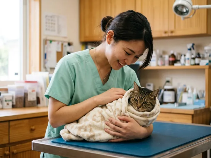 看護師が、タオルでくるんだキジトラの猫を診察台の上でやさしく抱えている