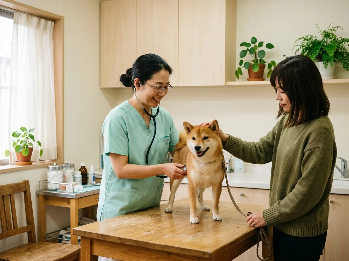 木の診察台に立つ柴犬に、院長が聴診器をあてている。飼い主さんが横で背中をなでている
