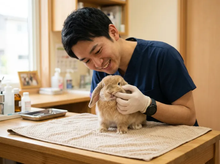 タオルの上にいるたれ耳のうさぎの歯を、獣医師が確かめている