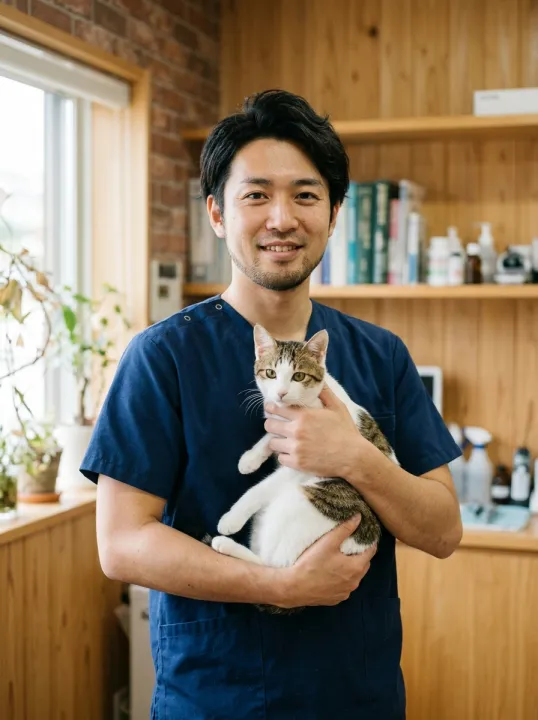 紺の診察着で、白とキジの猫を抱いた獣医師