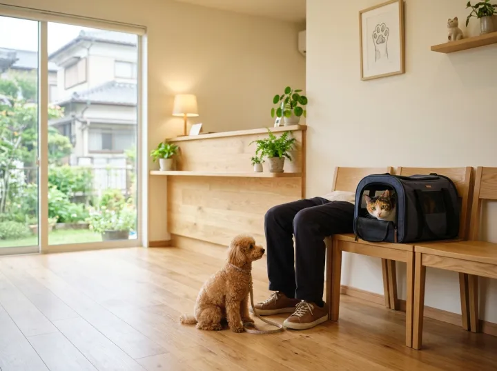 木の床の明るい待合室。キャリーの中から三毛猫がのぞき、足もとにトイ・プードルが座っている